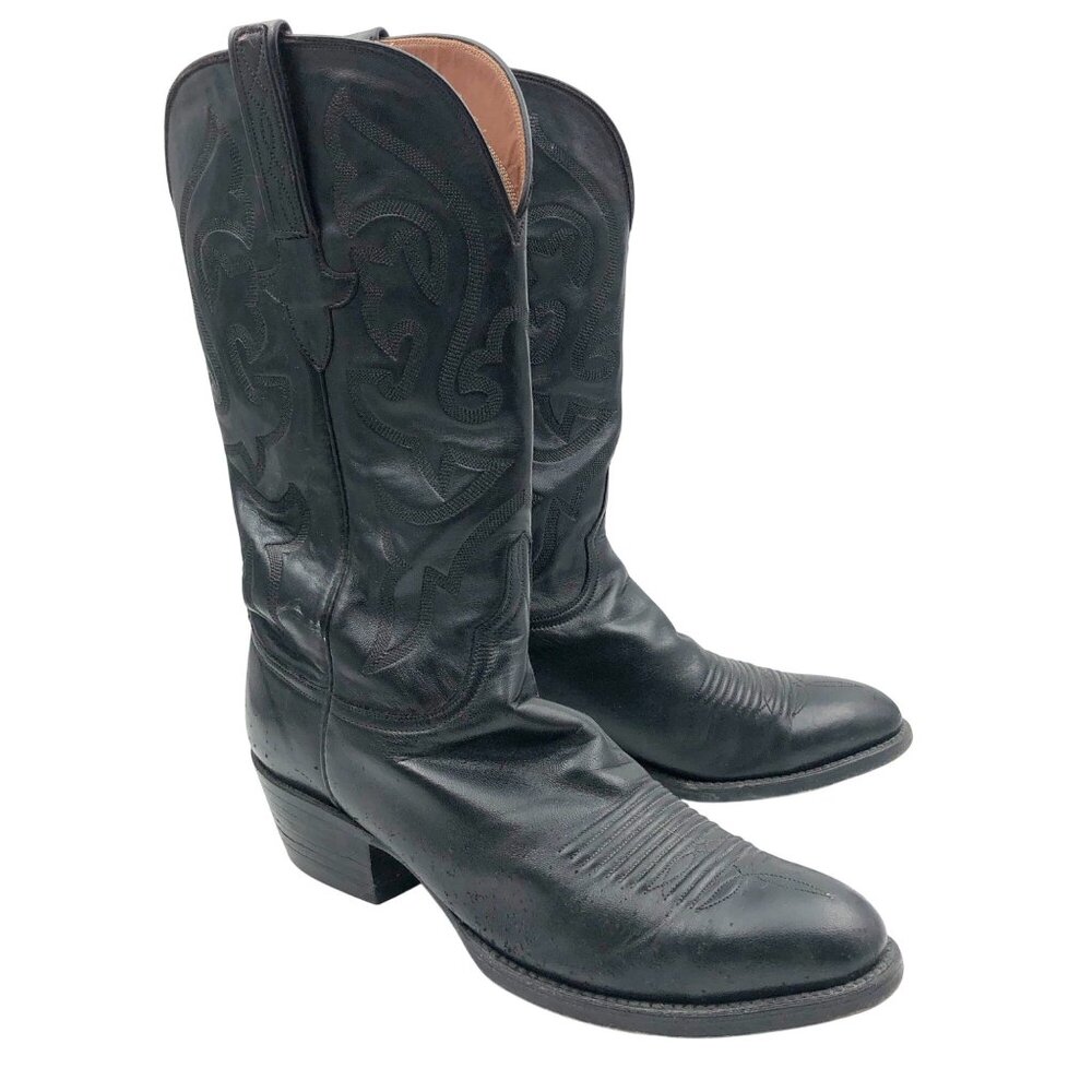 LUCCHESE Boots Mens 9.5 Black Leather Embroidered Western Cowboy Country